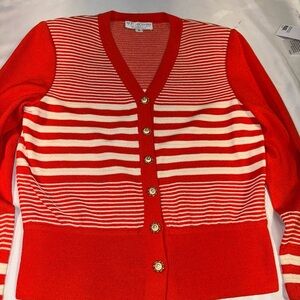 St. John Orange and White Striped Cardigan Sweater